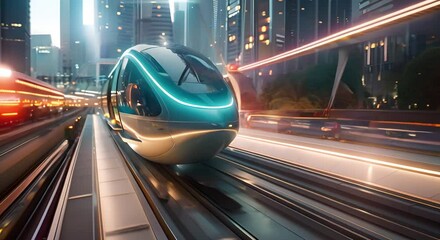 Wall Mural - Futuristic magnetic levitation city with fast trains showcasing efficient highspeed rail travel. Concept Futuristic City, Magnetic Levitation, Highspeed Rail, Efficient Travel, Fast Trains