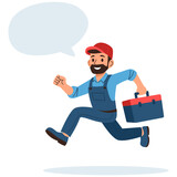 Fototapeta Pokój dzieciecy - Flat vector illustration. Cheerful plumber running for a call, speech bubble with space for your text . Vector illustration