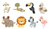 Fototapeta Pokój dzieciecy - Set of flat vector illustrations in children's style of savannah animals. Cute rhinoceros lemur lion flamingo toucan vulture vulture snake zebra . Vector illustration