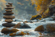 A pile of rocks perched on a river, creating a striking contrast of textures and shapes in a natural setting
