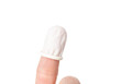Finger cot on finger. Isolated. Rubber latex or nitril. Used for medical administration, skin protection and spa services. Known as finger frock or finger stall. Selective focus. White background.