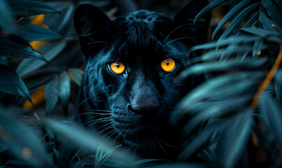 A black panther with piercing yellow eyes peers out from a bed of green leaves  in its natural habitat