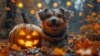 Happy dog in pumpkin costume, Halloween concept, Dark style.