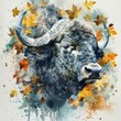 Watercolor Buffalo with Leaves: A Stunning Artistic Depiction of the Majestic Mammal in Wild Nature