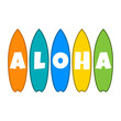 Logo vacaciones en Hawái. Letras palabra Aloha con letras estilo hawaiano en varias tabla de surf