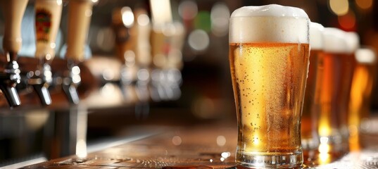 Close up shot of beer glass with frothy foam and water droplets, detailed stock photography image