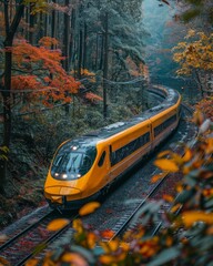 A vibrant yellow train is seen moving along tracks surrounded by a forest showcasing stunning autumn colors