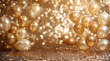 Poster - A gold and white background with many gold balloons. The balloons are scattered all over the background, creating a festive and celebratory atmosphere