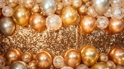 Poster - A gold and white background with many gold and white balloons. The balloons are scattered all over the background, creating a festive and celebratory atmosphere