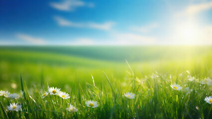 Canvas Print - Green grass and daisies with blue sky in the background.  Nature background. Copy space.