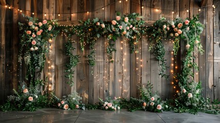 Aufkleber - A wooden wall with a floral arrangement and lights. The arrangement is made of green plants and flowers, and the lights are hanging from the ceiling. Scene is warm and inviting, with the flowers