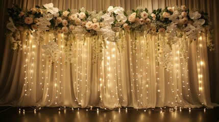 Poster - A white curtain with flowers and lights hanging from it. The curtain is hanging from the ceiling, and it looks like a beautiful decoration