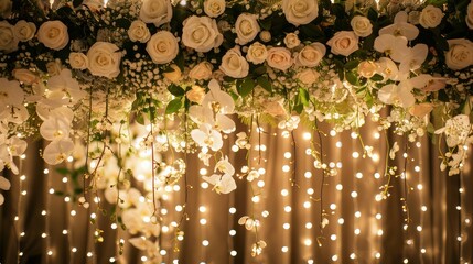 Poster - A beautiful arrangement of white flowers and green leaves hanging from the ceiling. The lights are on, creating a warm and inviting atmosphere