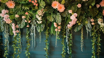 Fototapete - A wall covered in green vines and pink flowers