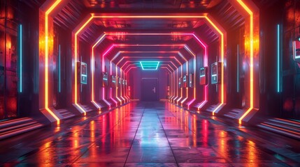 Poster - A neon tunnel with neon lights and a neon sign. The tunnel is long and narrow. The neon lights are bright and colorful, creating a futuristic and futuristic atmosphere