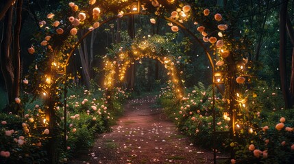 Poster - A walkway with a bridge over it is lit up with lights. The walkway is surrounded by flowers and trees