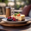 Delicious juicy cheesecake served with fruit on the summer terrace