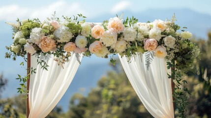 Poster - A white archway with flowers and greenery is set up in front of a mountain. The archway is decorated with white flowers and leaves, creating a beautiful and elegant atmosphere