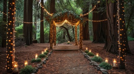 Poster - A path with a gazebo lit with candles and lights. Scene is romantic and intimate