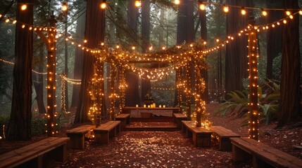 Aufkleber - A forest path is lit up with lights and has benches along the way. Scene is warm and inviting, with the lights creating a cozy atmosphere