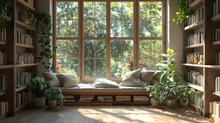 Poster - A room with a large window and a bench with a pillow and a plant. The room is filled with books and has a cozy, inviting atmosphere