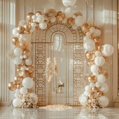 Poster - A gold and white archway with a white balloon arch