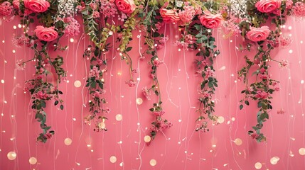 Poster - Pink flowers are hanging from the ceiling, creating a romantic and elegant atmosphere. The flowers are arranged in a way that they seem to be cascading down, giving the impression of a dreamy