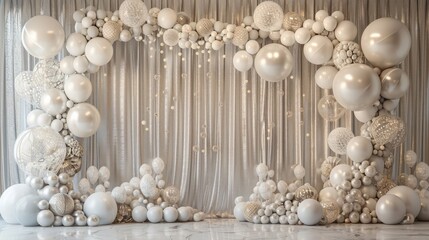Wall Mural - A white backdrop with a white archway and white balloons. The balloons are scattered throughout the archway and the backdrop, creating a whimsical and playful atmosphere. Scene is lighthearted and fun