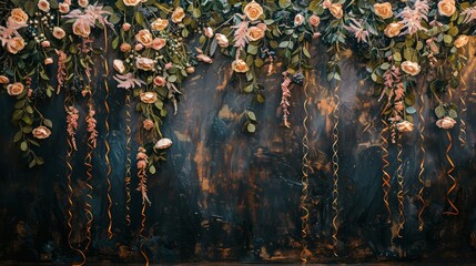 Aufkleber - A wall covered in vines and flowers with gold accents. The wall is dark blue and the flowers are pink and yellow
