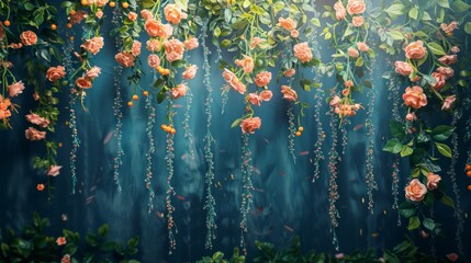 Aufkleber - A wall covered in pink flowers and vines. The flowers are in various sizes and are scattered throughout the wall