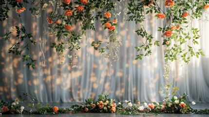 Wall Mural - A large floral arrangement hangs from the ceiling, with a curtain behind it. The flowers are orange and green, and the curtain is white. The arrangement is likely for a wedding or other special event