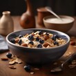Served healthy breakfast barley porridge with blueberries and almonds