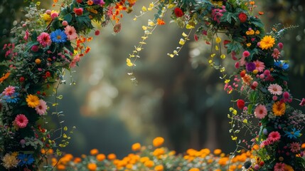 A large archway of flowers with a green background. The archway is full of colorful flowers, including daisies, and it looks like a beautiful and peaceful scene