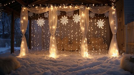 Poster - A snow covered area with lights and snowflakes hanging from the ceiling