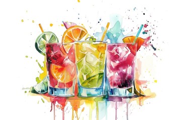 Refreshing Tropical Cocktail with Colorful Fruits in Watercolor Illustration, Perfect for Summer