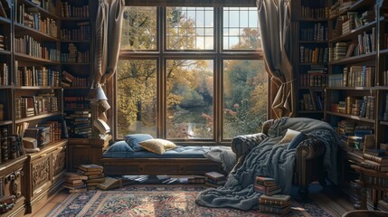 Poster - A cozy room with a large window overlooking a river. The room is filled with bookshelves and a comfortable chair