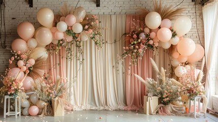 Poster - A large room with a pink and white theme. The room is decorated with balloons and flowers. The balloons are arranged in a way that they look like they are floating in the air