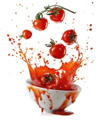 Motion Tomato Soup Splash in a White Isolated Bowl. Red Tomato Vegetable Soup Dripping