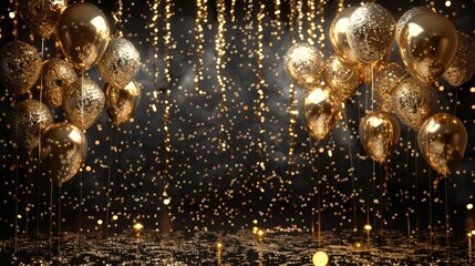 Poster - A room with gold balloons and confetti falling from the ceiling. Scene is celebratory and festive
