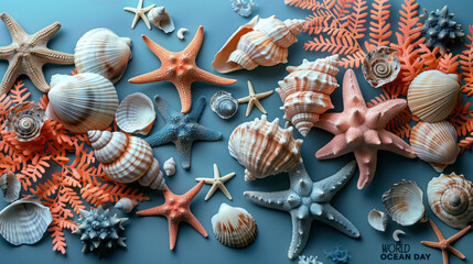 Wall Mural - World Ocean Day Celebration with Colorful Sea Shells and Starfish on a Blue Background