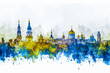Kyiv skyline in watercolor, yellow and blue colours, white background