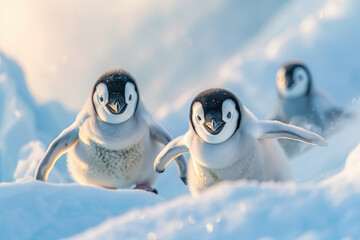 Scene of baby penguins walking on the snow. Baby penguins  with snow on background.