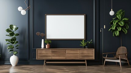 Mockup frame of living room interior with empty dark wall background, AI generated image.