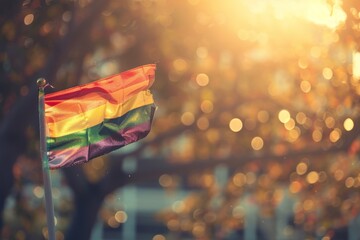 Poster - rainbow flag for pride month, sunlight shining on it, close up, blurry background Generative AI