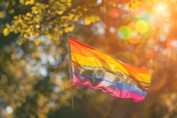 Poster - Close up of a rainbow flag flying in the wind, symbolizing diversity Generative AI