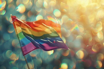 Poster - Close up of a rainbow flag waving in the wind with sunlight and a bokeh effect in the background, depicting a pride concept Generative AI