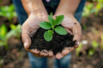 Wall Mural - A hands holding a handful of rich, dark soil, with a small seedling ready to be planted