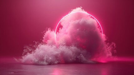 Wall Mural -   A pink backdrop with smoke emanating from the upper part and a round focal point in the center of the picture