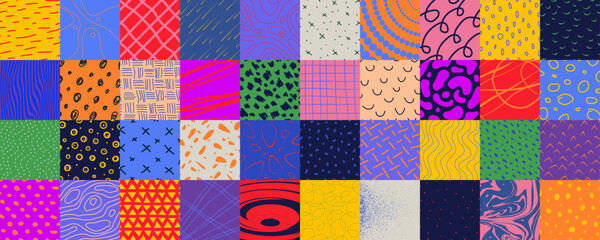 Leinwandbilder - Big Set of various abstract square covers, hand drawn colorful doodle shapes with textures, geometric mosaic with bizarre color motley pattern in patchwork style, spotted and lines, splashes, dots
