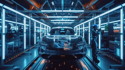 Automotive engineer using advanced technology at futuristic assembly line for car manufacturing